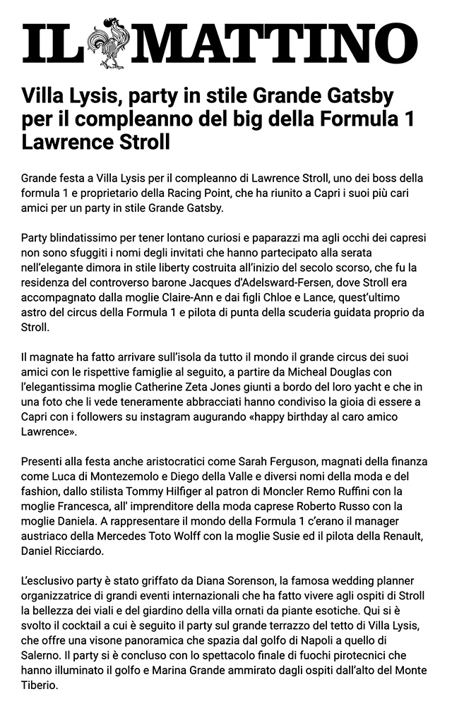 Party in Stile Grande Gatsy Per Il Compleanno Di Lawrence Stroll — Il Mattino, Sugokuii Events